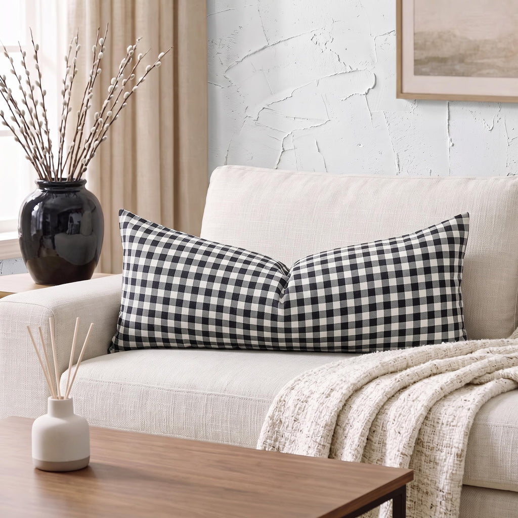 Black and White Decorative Long Body Gingham Plaid Throw Pillow Cover 14x36