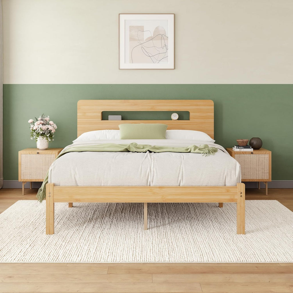 Solid Bamboo Wood Queen Bed Frame with Storage Headboard, 14 inch Platform Bed Frame Queen No Box Spring Needed with