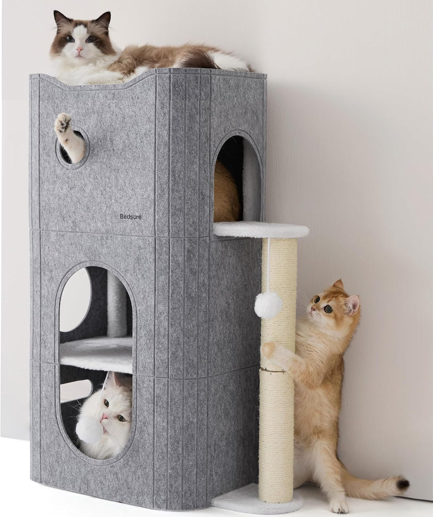 3-Level Cat Tree for Indoor Cats with Scratching Post, Grey