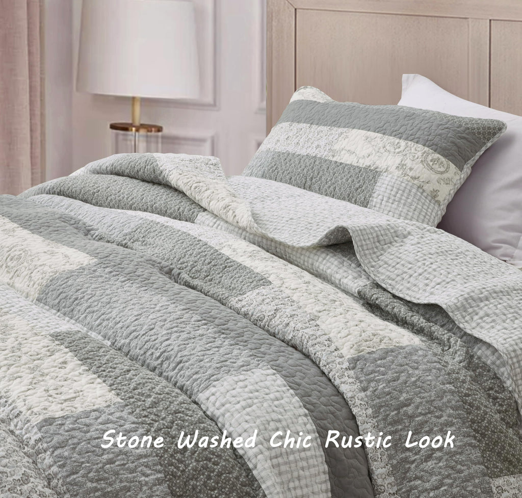 Caleb 3-Piece Muted Gray White Ivory Floral Plaid Rectangular Patchwork Quilt Set - Pre-Washed Cotton Quilted