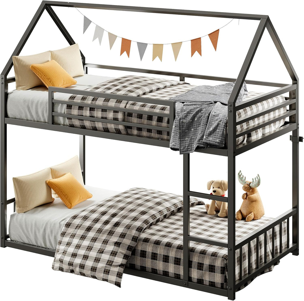 Bunk Bed Twin Over Twin, House Bunk Bed Frame with Ladder and Guardrail