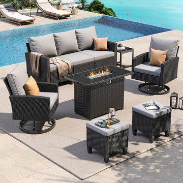 Patio Furniture Set, Fire Table, Swivel Chairs, 7 Pcs Grey/Black