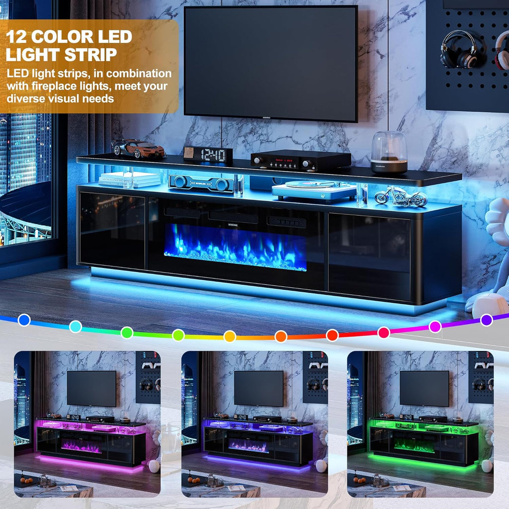 70" Fireplace TV Stand with Double LED Lights for TVs UP to 80", Electric Fireplace Entertainment Center with Storage