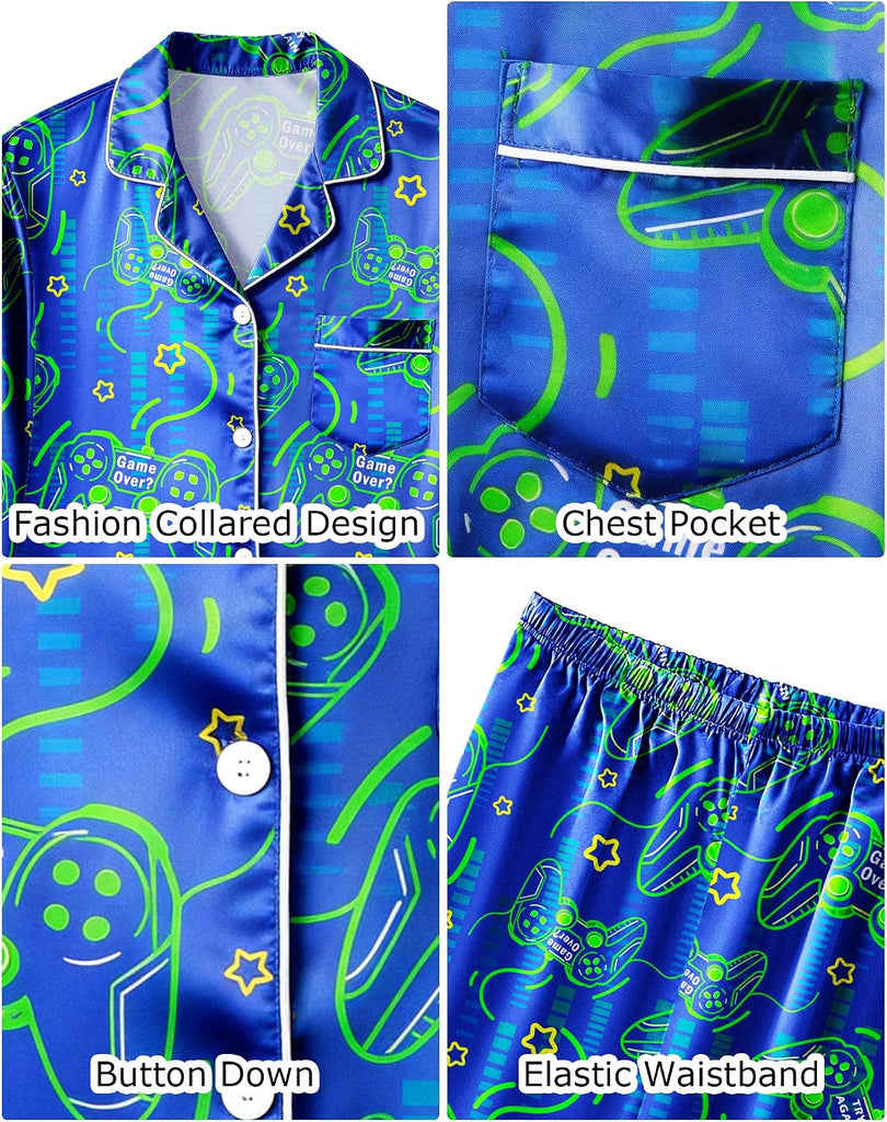 Boys Pajamas Silky Satin Big Boys PJs Set 2 Piece Sleepwear Button Down Kids Jammies Loungewear Clothes