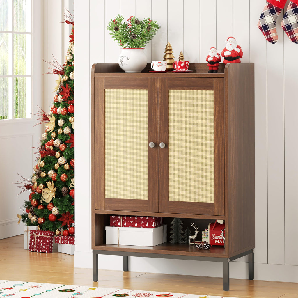 Shoe Cabinet, Rattan Shoe Rack Organizer with Doors