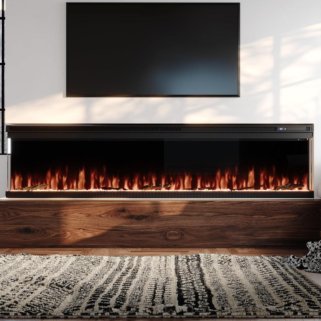 72”W 3-Sided Glass Electric Fireplace Insert, Recessed & Wall Mount Fireplace Heater with Remote, 8 H Timer