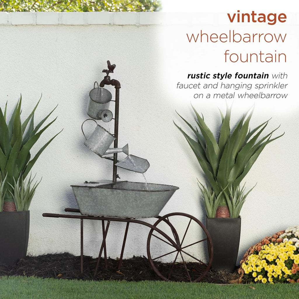 MCC574 Outdoor Floor Galvanized Shovel Pitcher Bucket Fountain, 41" Vintage Garden Water Feature
