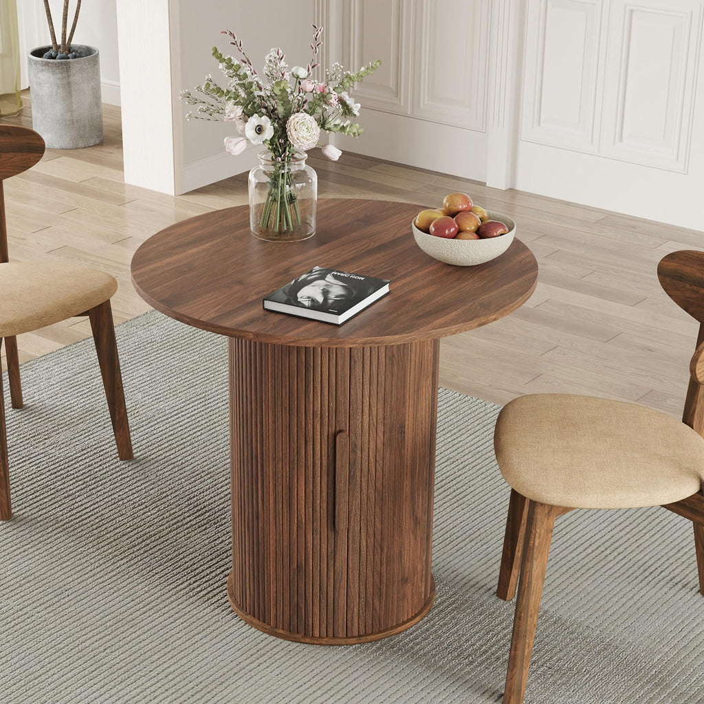 31.5" Round Dining Table for 2-4, Modern Farmhouse Kitchen Table with 2-Tier Storage Shelf, Small Wooden Circle