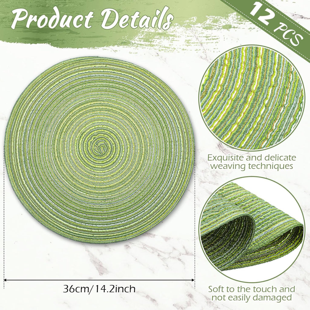 Round Placemats 14.2 Inch Woven Braided Placemats Washable Reversible Circle Polyester Table Mats for Dinner - Set of 12
