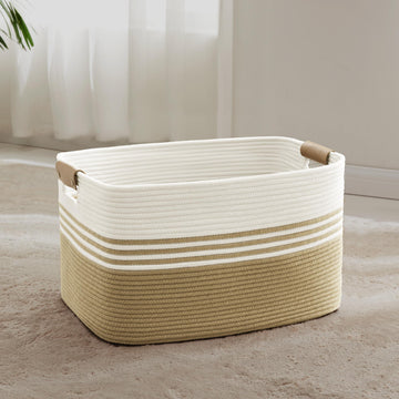 60L Woven Laundry Basket Hamper with Leather Handles,Khaki