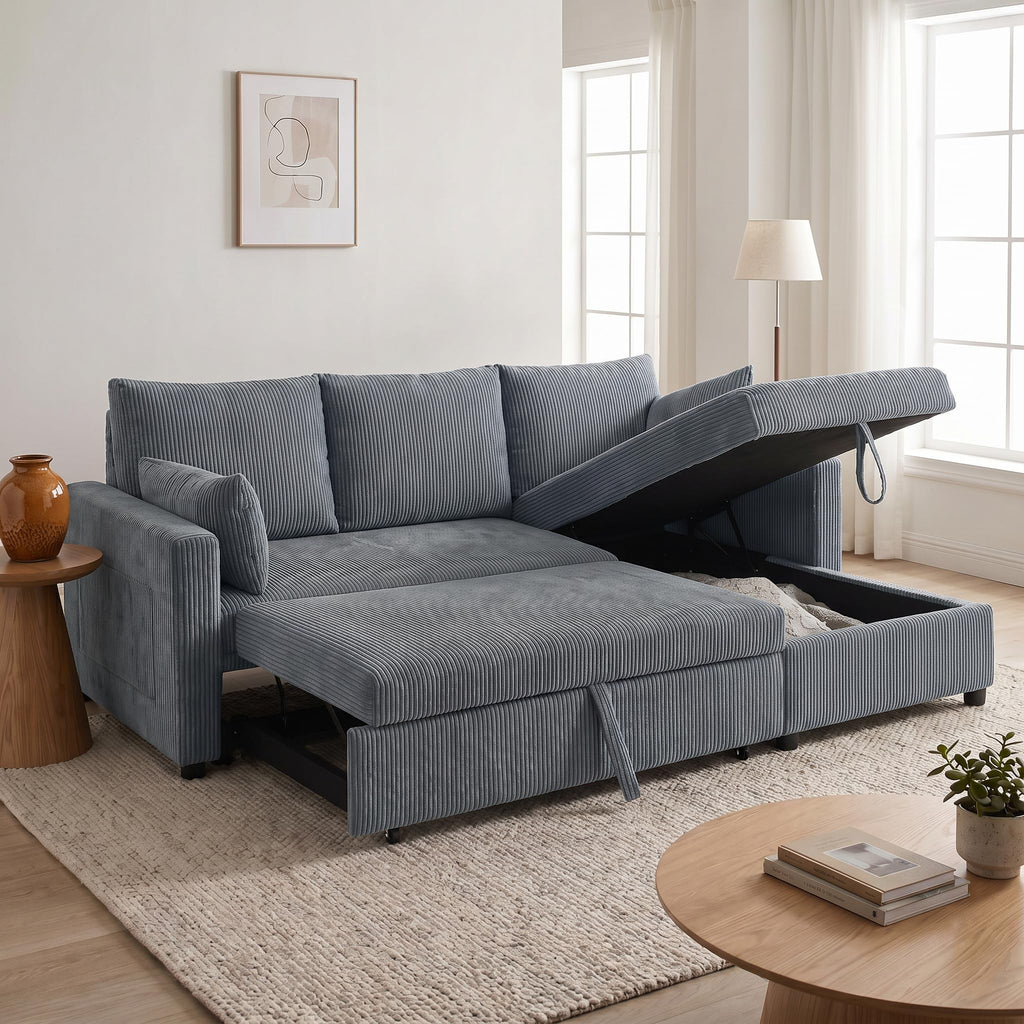 85" 3 Seats Sectional Sleeper Sofa with 3 in 1 Pull Out Bed, Gray