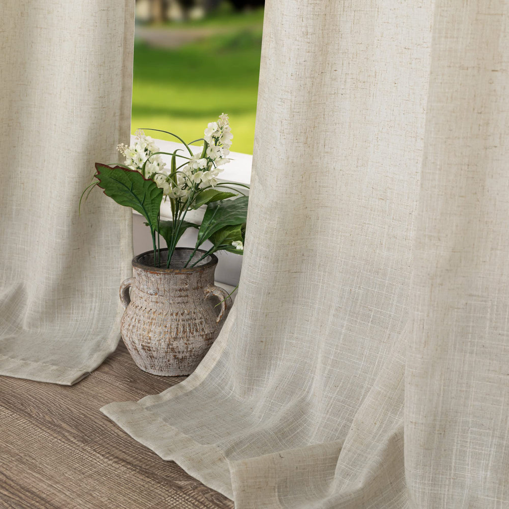 Flax Linen Curtain 100 Inches Long 2 Panels Set Back Tab Pleated Rod Pocket Beige Drapes Neutral Farmhouse Light