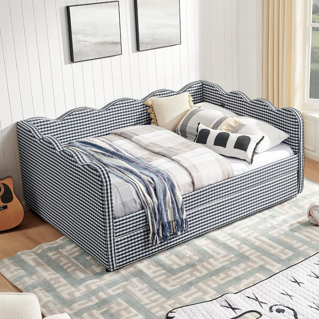 Full Size Gingham Daybed with Trundle and USB Ports | Upholstered Daybed Living Room Guest Room-Navy