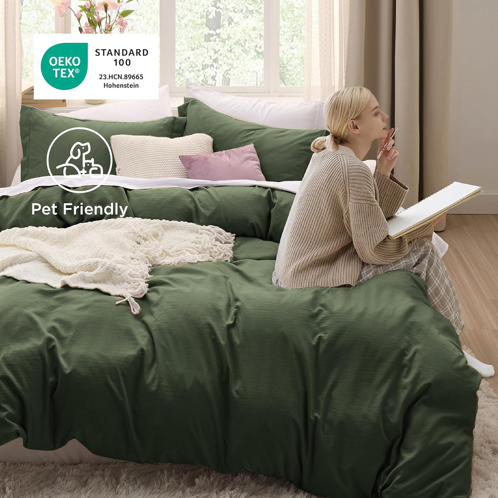 Olive Green Duvet Cover Queen - 3 Pieces Prewashed Cotton-Like Polyester Extra Soft Bedding Set, Includes 1 Duvet