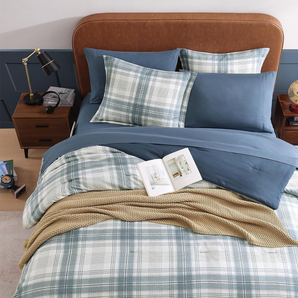Twin XL Comforter Set, Blue Grey Plaid Bedding Set 5 Piece for Boys Girls Teen, Classic Homestead-Style Kids