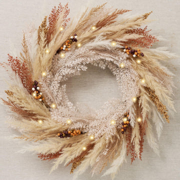 24'' Neutral Fall Pampas Wreath with Lights for Front Door