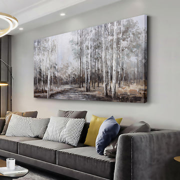 White Birch Tree Wall Art Grey Forest Painting Abstract Canvas Art Landscape Panoramic Picture Nature Artwork Framed