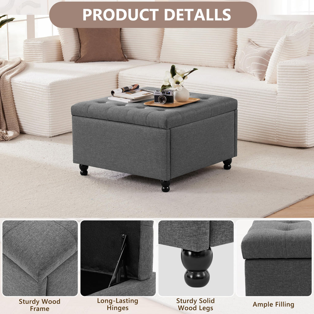 30" Large Square Ottoman with Storage, Fabric Ottoman Coffee Table, Grey