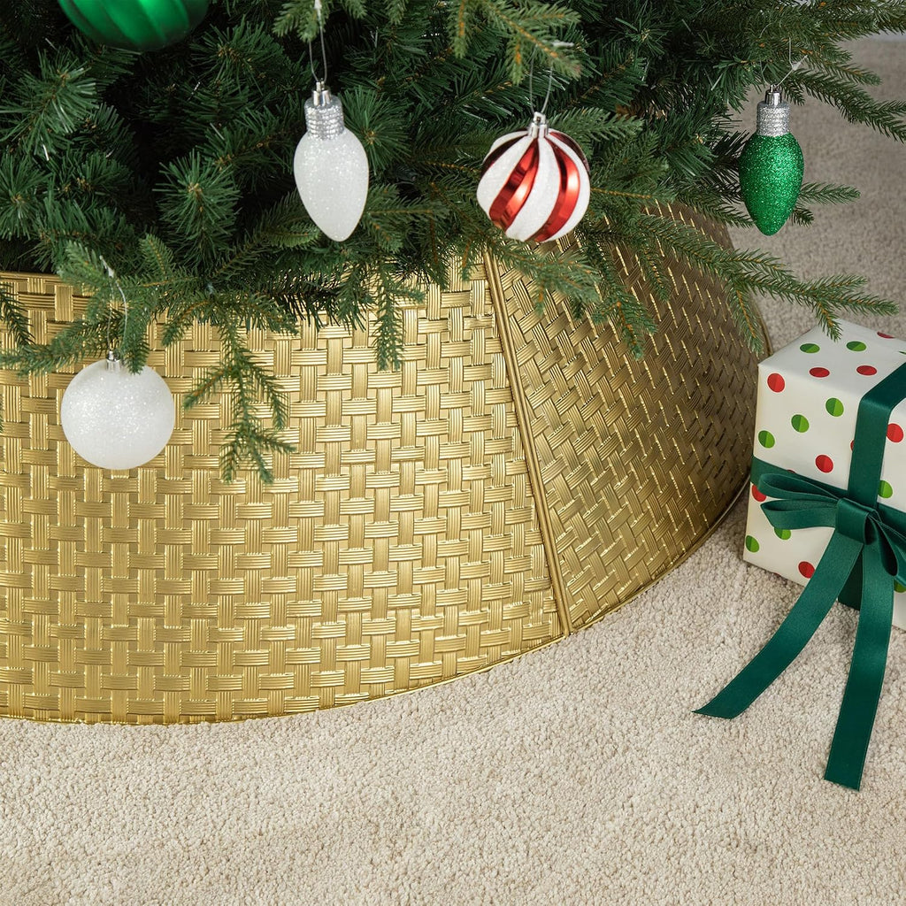 40.5" D Gold Metal Weave Tree Collar, Decorative Tree Stand Cover Tree Ring for Christmas Decor