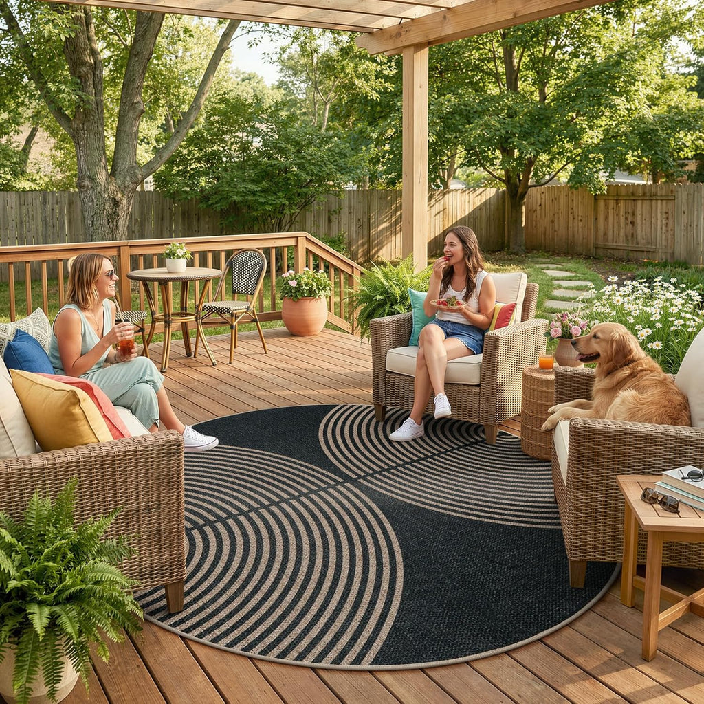 Enfys Modern Rainbow Round Rug, 6ft Easy Jute Circle Patio Rug Washable Indoor Outdoor Carpet for Li