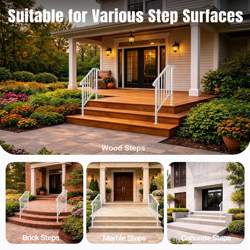2 Pack 3 Step Handrails for Outdoor Steps, Wrought Iron Stair Railing Fits 2 or 3 Steps, Metal Hand Railing with
