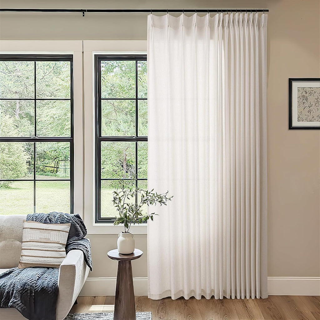 Pinch Pleat Linen Sheer Curtains 96 Inches Long 100 Inch Wide for Patio Sliding Door Light Filtering Semi Sheer