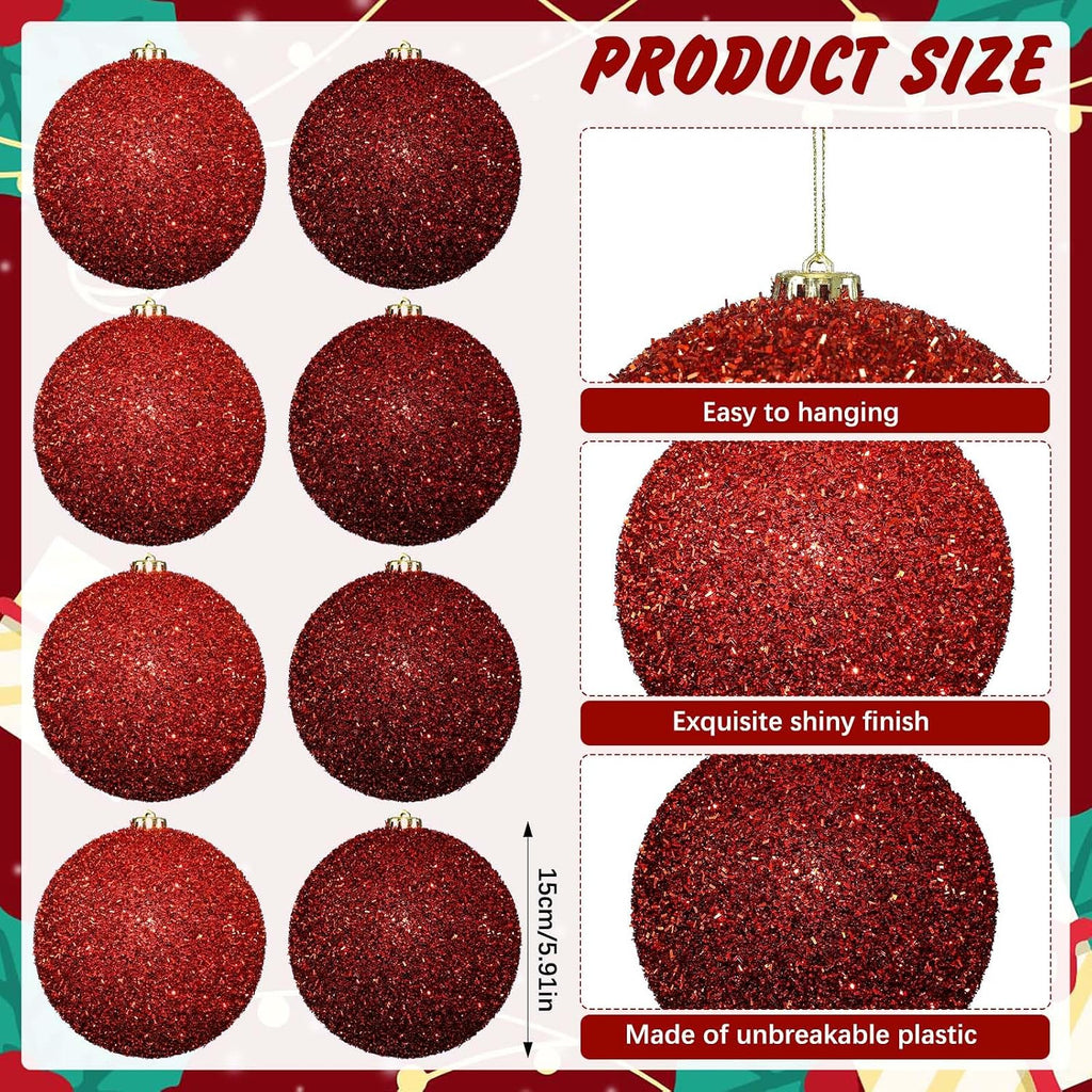 8pcs 6" Large Christmas Balls Tree Ornament, Red Burgundy, Glitter