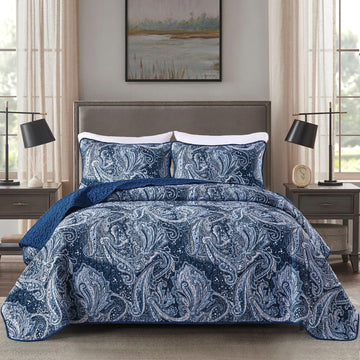 Navy Paisley Quilt Set, Boho Bedspread Coverlet