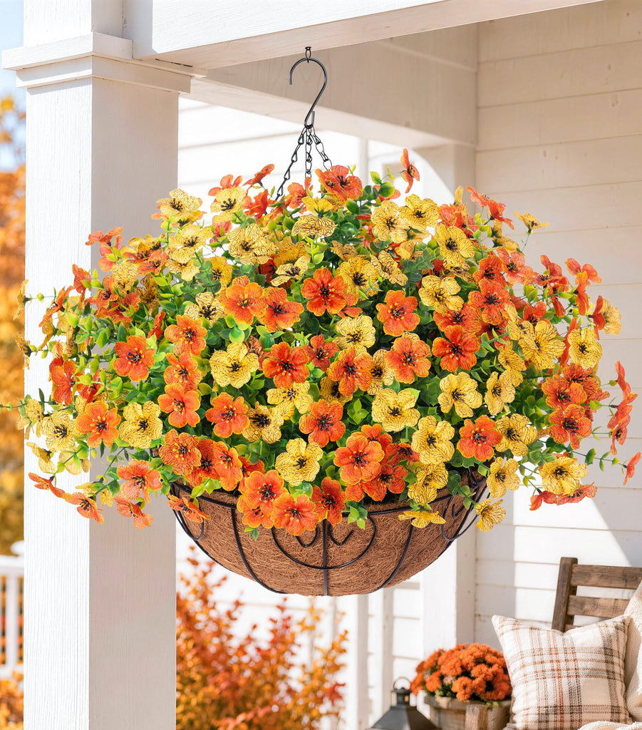 Artificial Fake Hanging Mums Plants Flowers Basket for Fall Autumn Outdoor Decor, Faux Silk Orange Dasiy Flower Look