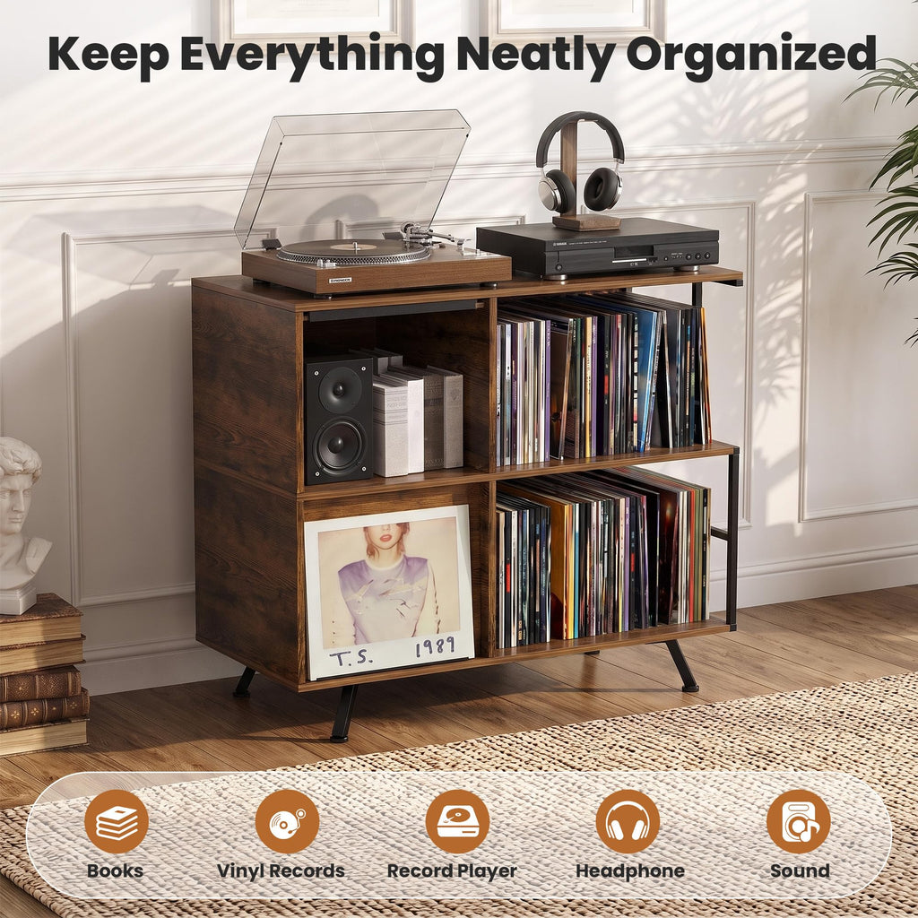 Flip Top Record Player Stand with Vinyl Storage Up to 300+ Albums