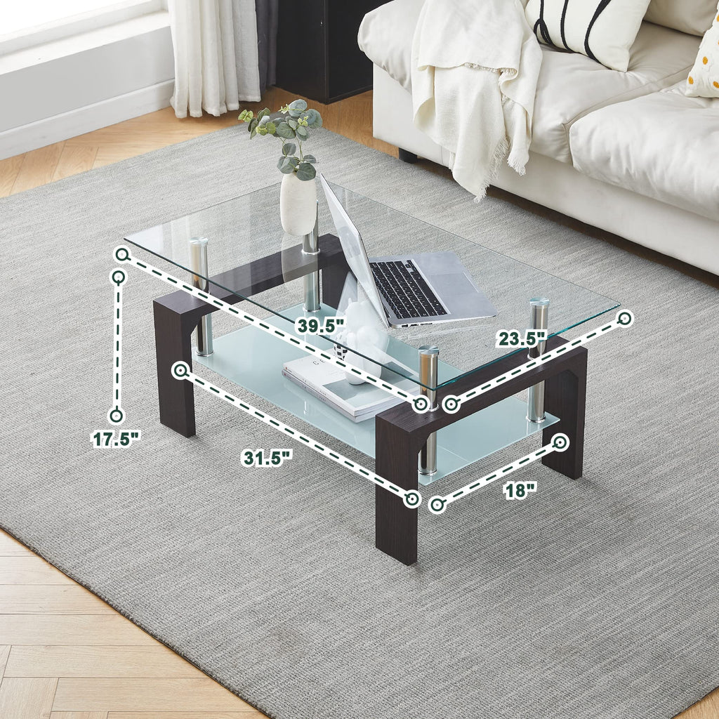 Walnut Rectangular Coffee Table, 39.5in x 23.5in x 17.5in, Glass Tabletop with Lower Shelf, Adjustable Bottom Corners