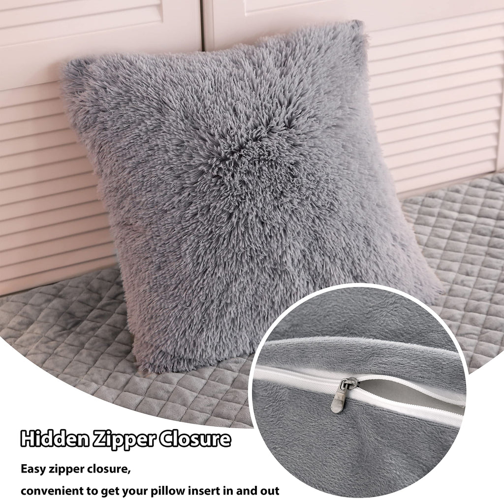 Fluffy Faux Fur Throw Pillow Covers Pack of 2, Gray