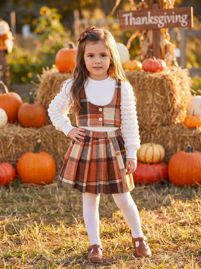 Toddler Girls Plaid Outfits Puff Sleeve Knit Ribbed Tops Button Down Vest Plaid Skirt Set Girls Fall Winter Clothes