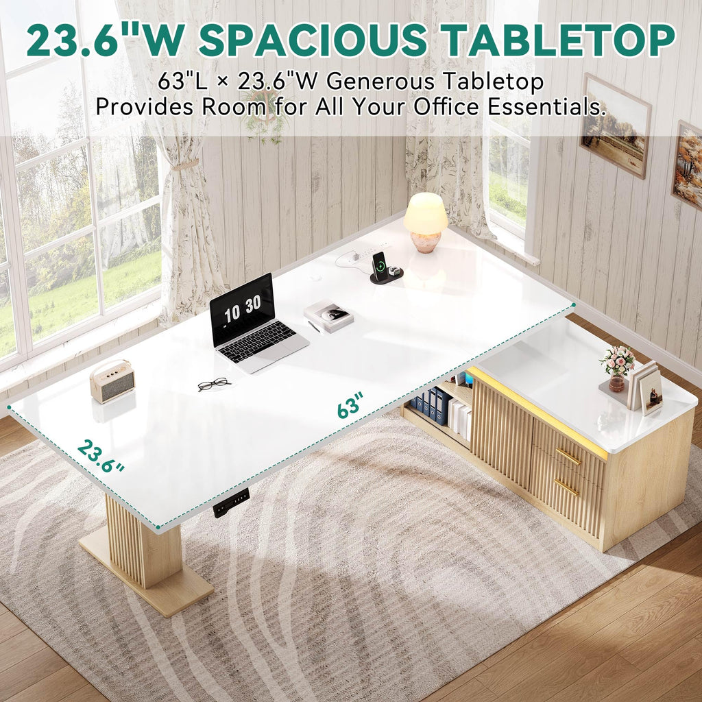 L Shaped Standing Desk with Power Outlets & LED Lights