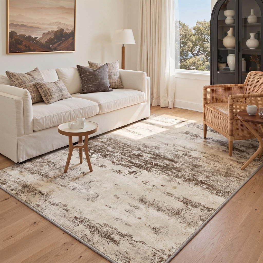 2x10 Antique Beige Abstract Runner Rug, Washable Non-Slip