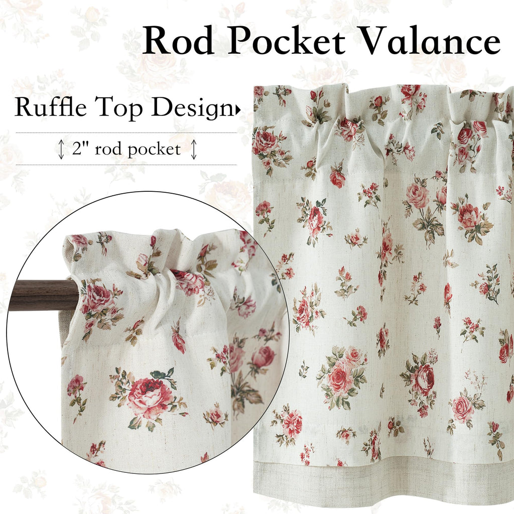 Vintage Pink Rose Floral Valance for Windows, Double-Layer Linen Valance with Shabby Chic Floral Pattern, Decorative