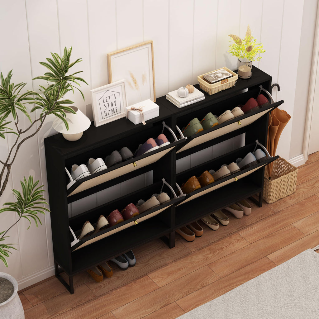 Black Narrow Shoe Cabinet, Hidden Slim Shoe Storage Cabinet, 25.6"x34.7" Flip Drawer Shoe Oraganizer Rack with Metal