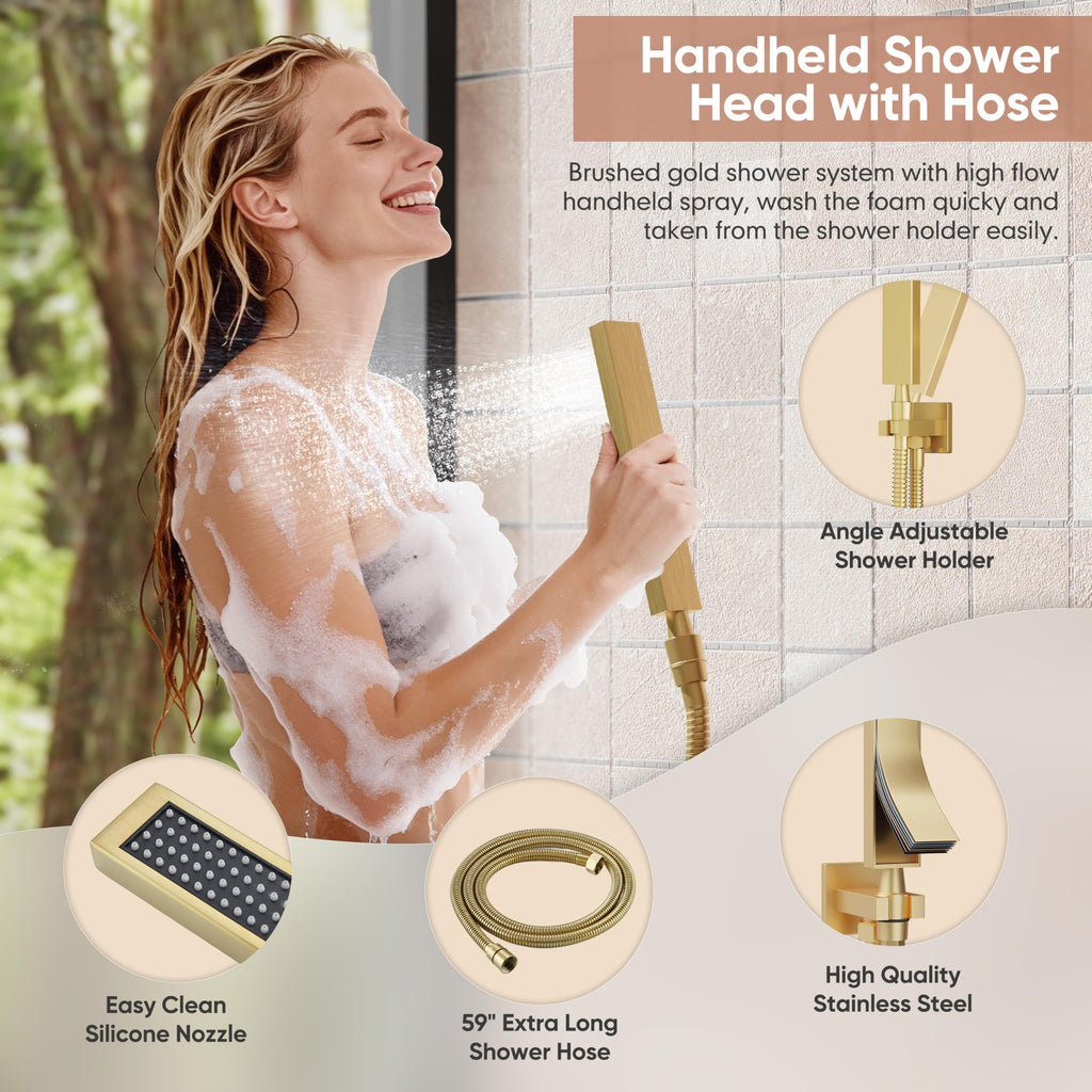 Brushed Gold Shower System, Gold Shower Faucet Set with Tub Spout