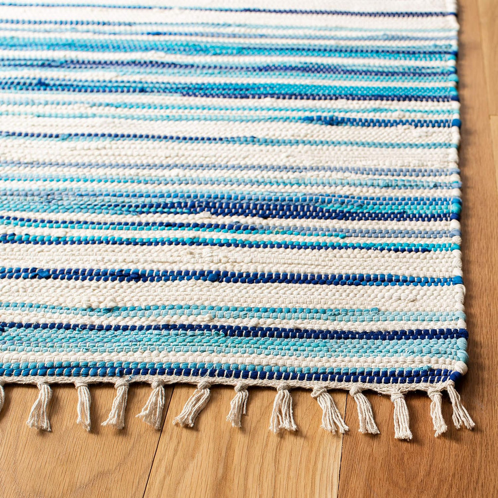 Area Rug 8x10 - Rag Collection - Large - Ivory & Blue, Handmade Cotton, Boho Stripe Pattern, Ideal, Dining Space