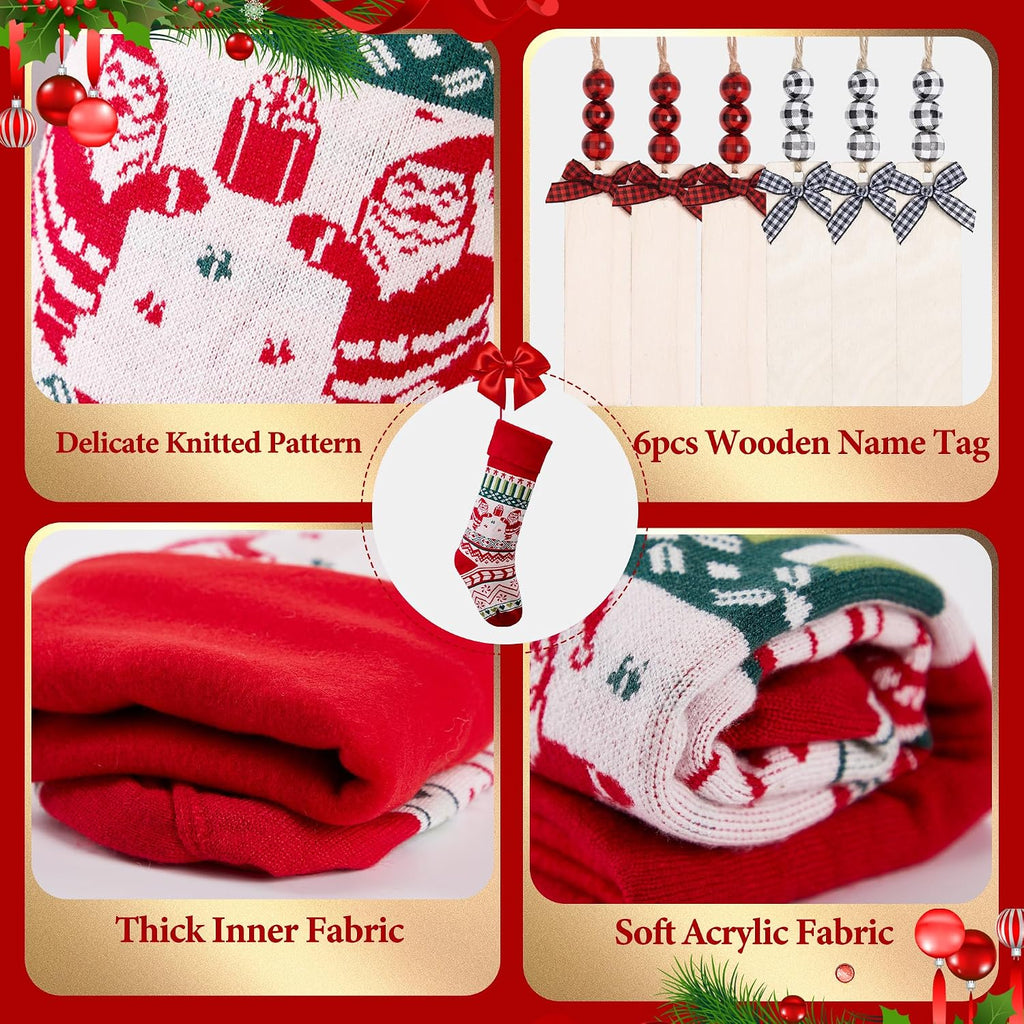 6 Pack Christmas Stockings, 21 Inches Large Cable Knitted Stockings, Snowflake Reindeer Snowman Christmas Tree