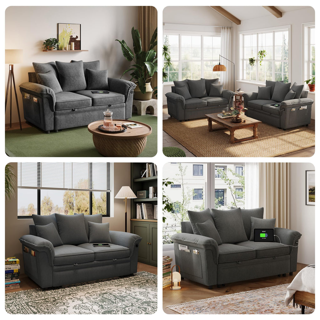 Sectional Couch with Pull Out Bed, Large Corduroy Modular Loveseat Sleeper Sofa, Wide Armrest, 62" 2 Seats Sectional