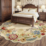 8ft Round Floral Washable Area Rug Beige Neutral Vintage Flower Botanical Cottage Boho Cream Scallop