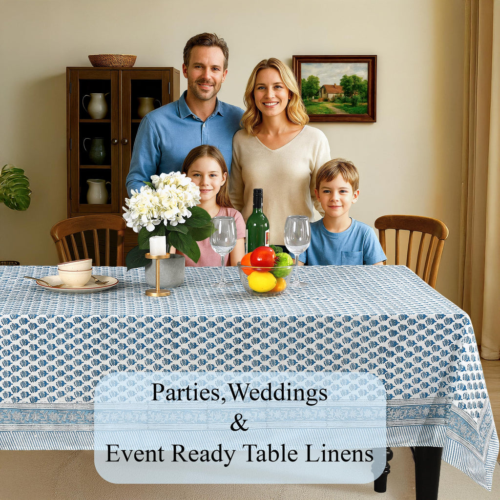 CPC Apatite Blue Block Print 100% Cotton Rectangle Tablecloth 60x90 Inch