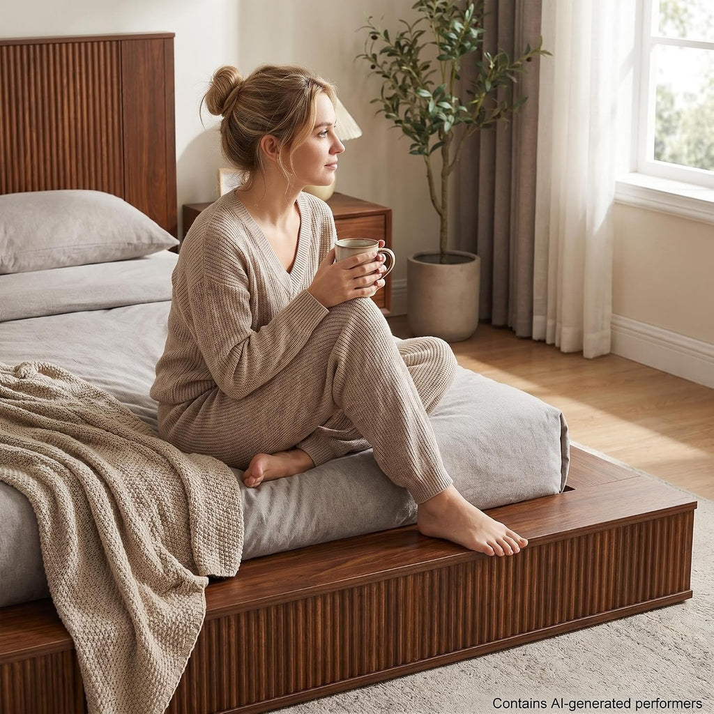 Japanese Wooden Floor Bed Frame King with Walnut Headboard