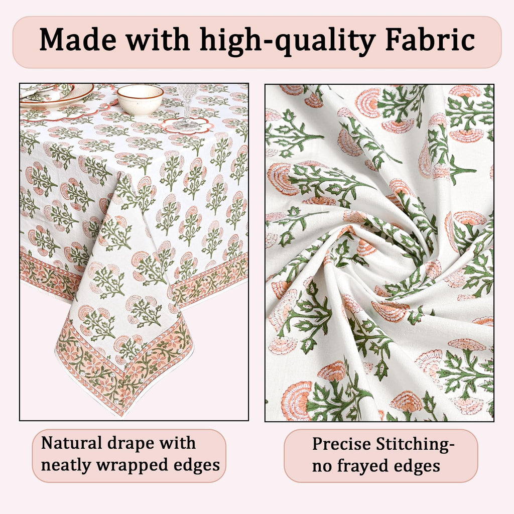 Mughal Buta Peach Hand Block Print Rectangle Tablecloth 108x70 Inch