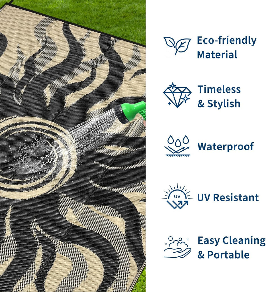 Outdoor Rug Waterproof Patio Rugs with Boho Sun Pattern, Reversible Plastic Straw Camping Rugs Outdoor Indoor RV