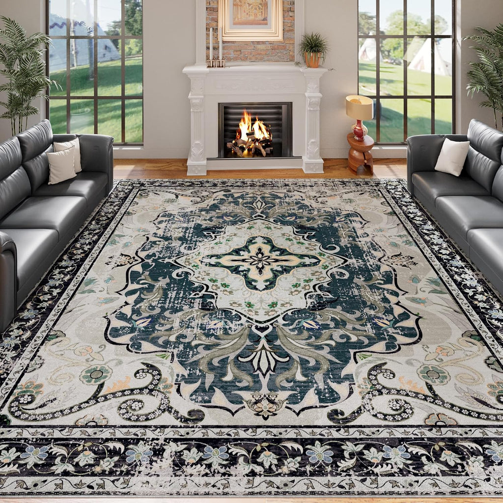 Washable Area Rugs, Non-Slip Boho Vintage Traditional Medallion Print Pattern Carpet Dining Room Farmhouse