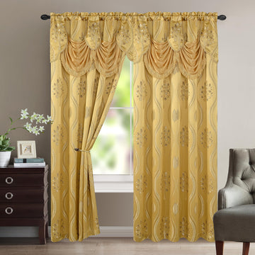 Aurora Jacquard Look Curtain Panel Set with Attached Valance 54" X 84 inch (Set of 2), Gold