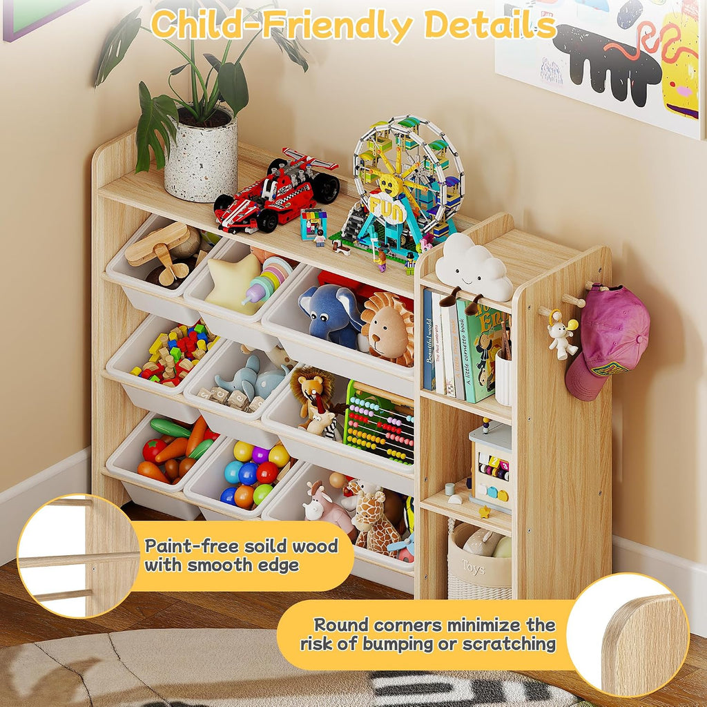 Kids Toy Storage Organizer, Wooden Shelf with 3 Tiers and 9 Storage Bins, Nursery Room Organizer for Books and Toys