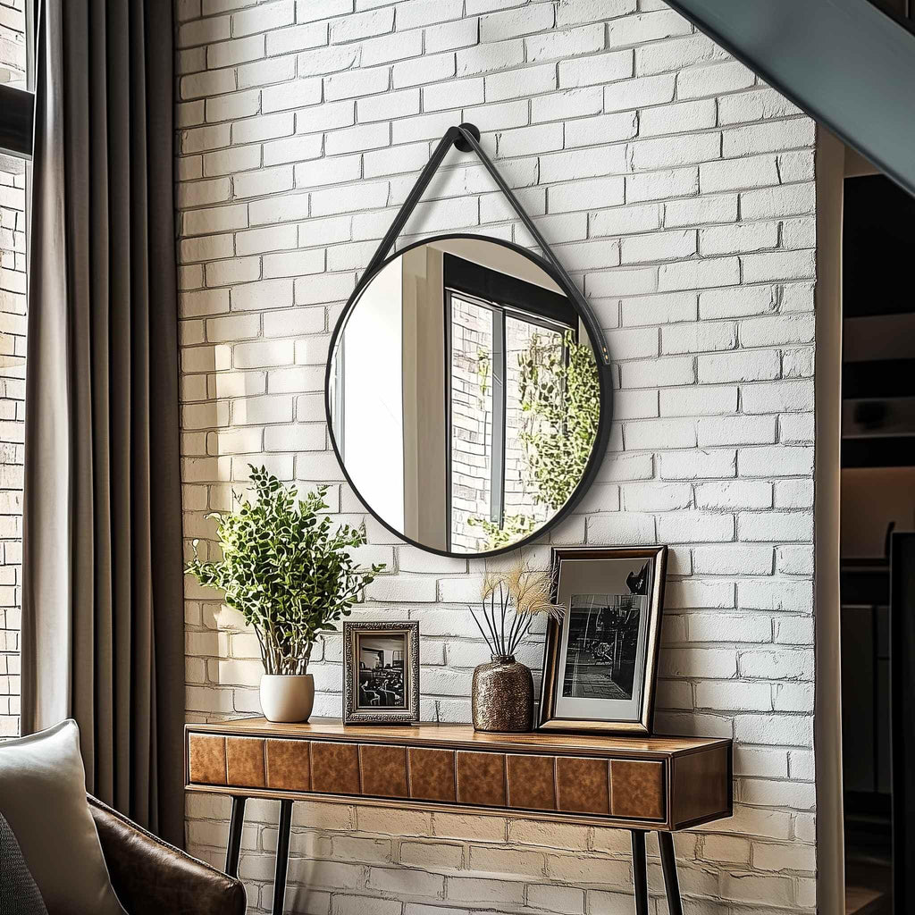 Hanging Strap Wall Mirror: 27.5" Round Bathroom Mirror Black Frame